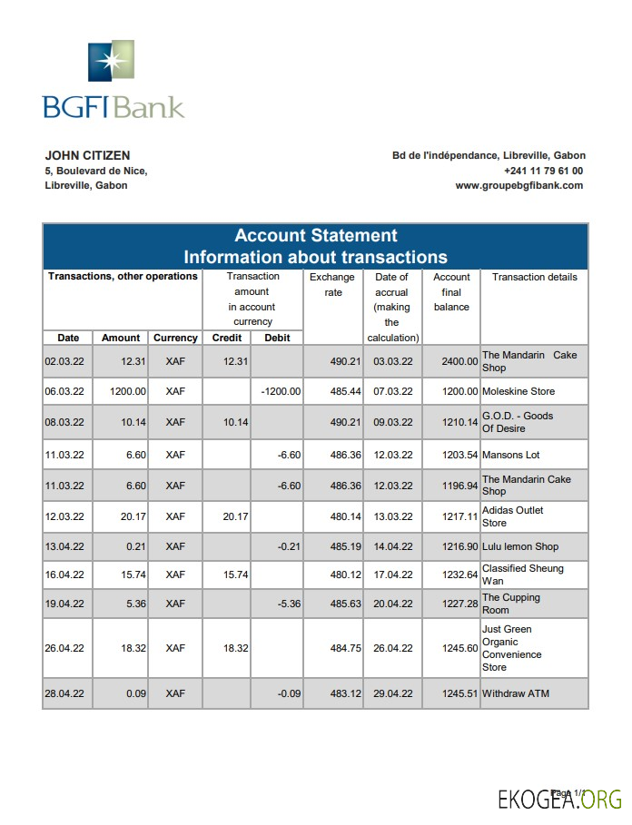 Relevé bancaire BGFI du Gabon